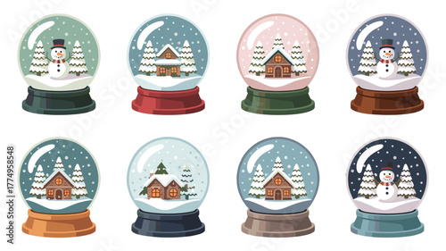 Eight decorative snow globes featuring miniature scenes of winter landscapes and figurines.