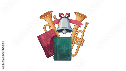 An illustration of music instruments including trumpets, bells and books.