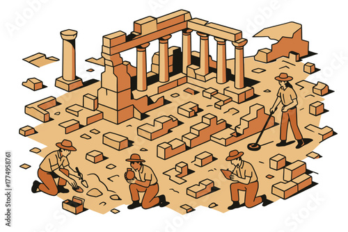 Archaeologists exploring ancient ruins in isometric style