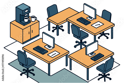 Modern office workspace layout with desks and computers in isometric view