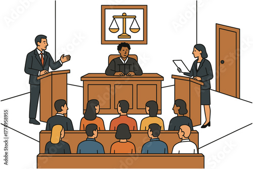 Legal courtroom scene with lawyer and judge in professional setting in isometric style