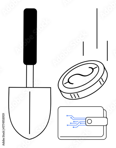 Shovel, digital currency coin, digital wallet with circuits. Ideal for mining, cryptocurrency, technology, digital economy, virtual asset management fintech blockchain applications. Simple flat