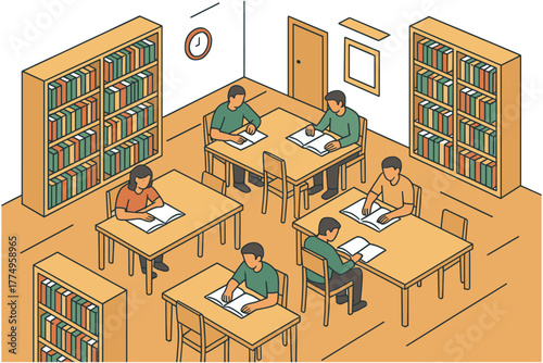 Cozy library reading room with people studying at desks in isometric style