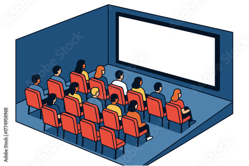 Isometric cinema audience watching a large screen in theater room with red seats