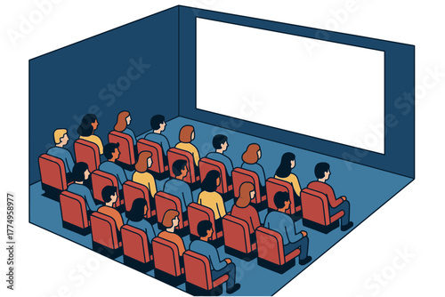Isometric cinema audience watching a movie in a theater room