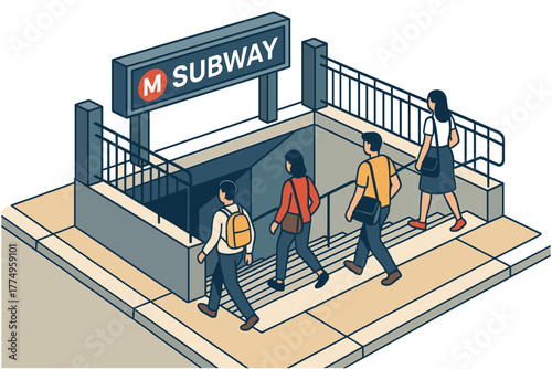 Isometric urban subway entrance with commuters in modern city setting