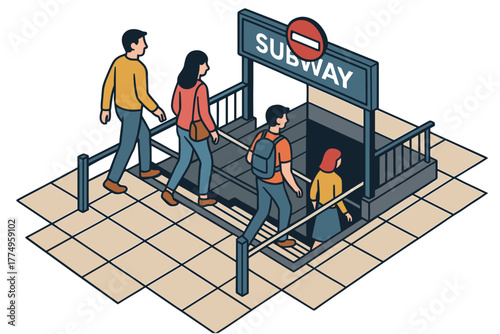 Isometric urban commuters entering subway entrance on a city street