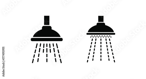 Simple black and white illustration of two shower heads with water droplets