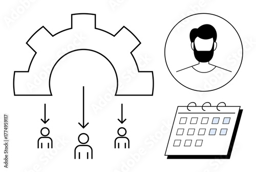 Gear distributing tasks to team members, profile icon, calendar grid for scheduling. Ideal for workforce management, task allocation, teamwork, HR processes, planning, organization simple flat