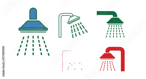 Colorful shower head icons depicting water flow and bathroom fixtures