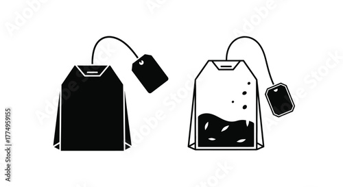Simple black and white illustration of two tea bags one steeped