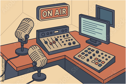 Isometric radio station studio setup with microphones and control panels