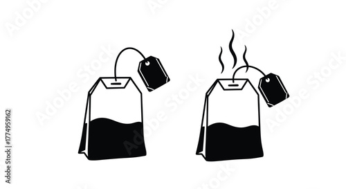 Two simple black and white illustrations of tea bags one steaming