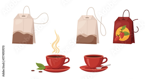 Illustrative depiction of tea bags a steaming cup and associated elements