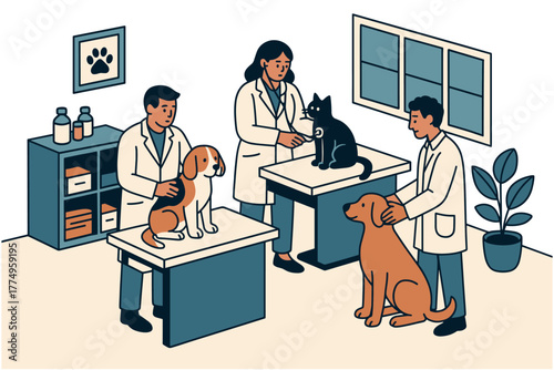 Veterinarians caring for pets in clinic exam room