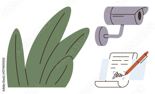 Security camera facing lush foliage, a signed document foregrounded with a pen. Ideal for privacy, surveillance, legal compliance, monitoring, environmental security, personal data, accountability