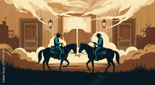 Two cowboys on horseback facing off in a western town saloon