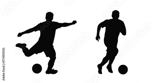 Silhouettes of two soccer players in action with a soccer ball