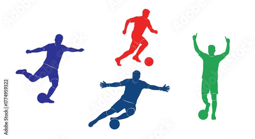 Colorful silhouettes of soccer players in dynamic action poses with a ball