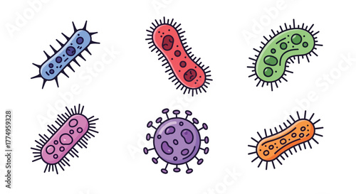 Colorful illustration depicting various bacteria shapes and forms for scientific study