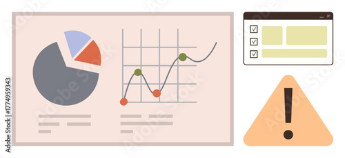 Pie chart, line graph with data points, checklist in a browser window, and warning triangle. Ideal for analytics, decision-making, business strategy, risk alert, data review prioritization simple