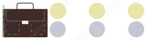 Brown leather briefcase alongside arranged yellow and gray circular shapes. Ideal for business, organization, professionalism, simplicity, minimalism, design, and management themes. Modern flat