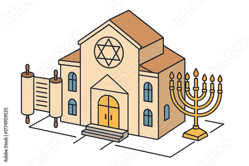 Isometric synagogue with menorah and torah scroll for hanukkah celebrations