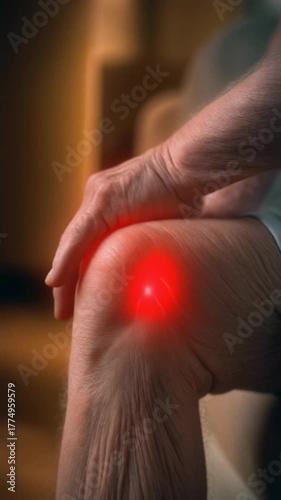 Elderly person experiencing knee pain with a glowing red sore spot