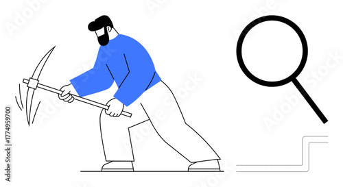 Man holding pickaxe striking ground symbolizing effort, exploration. Large magnifying glass emphasizes discovery, problem-solving, innovation. Ideal for research, investigation, goals, development