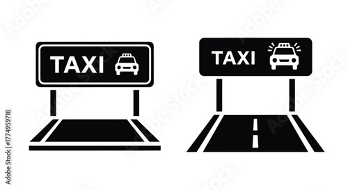 Black and white taxi top signs illustrated with simple road designs