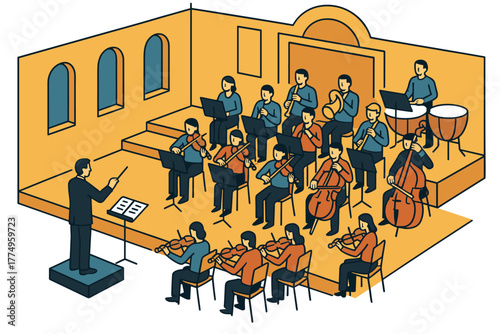 Isometric orchestra performance in concert hall with conductor and musicians