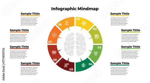 Mindmap infographic with 8 business vector icons, circular shape. This infographic is for business presentations, annuals, posters, UI UX, websites with 8 information steps.