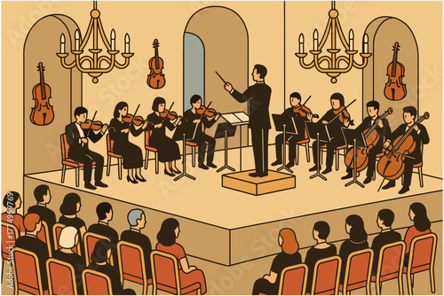Classical music concert in a retro style theater with orchestra and audience