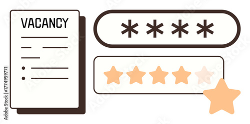 Vacancy notice with writing space, secure password field, and star rating concept. Ideal for recruitment, reviews, feedback, skill assessment, hiring security professionalism. Simple flat metaphor
