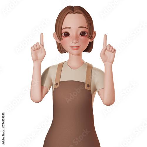 3D Portrait render of beautiful barista cartoon in brown wears. Pointing up with both hands. advertising, presentations, UIUX design, promotional materials.