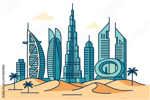 Modern skyline in the desert with iconic skyscrapers and dunes in linear style