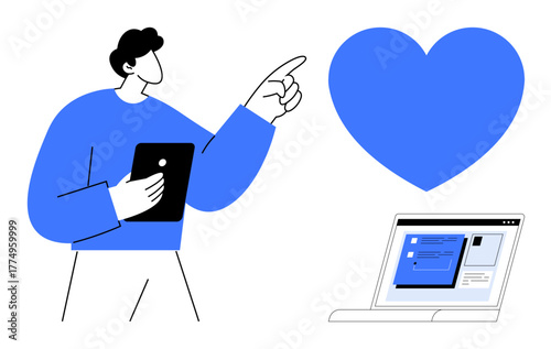 Man holding a tablet and pointing towards a heart symbol beside a laptop screen. Ideal for communication, digital engagement, social media, connection, online interaction, e-learning, simple flat