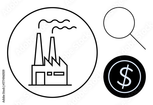 Factory with smoke, magnifying glass, and dollar coin. Ideal for business analysis, finance, manufacturing, economy, productivity cost optimization and investment. Simple flat metaphor