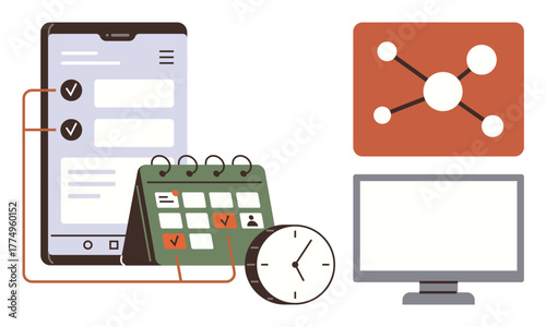 Smartphone with to-do list, desk calendar, clock, network link diagram, and monitor screen. Ideal for productivity, scheduling, time management, network workflow digital tools simple flat metaphor