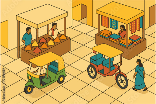 Vibrant isometric market scene with spice and textile stalls