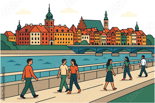 Historic cityscape with riverside walkway and pedestrian bridge in flat design