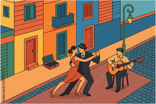 Colorful urban tango scene with musicians in flat style street setting