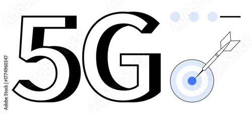 Large 5G text next to an arrow hitting a bullseye, small circular elements for signal flow. Ideal for technology, connectivity, communication, precision, speed, innovation, simple flat metaphor