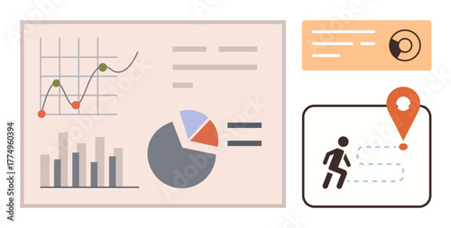 Graphs, bar charts, and pie charts with a walking figure and location pin Ideal for analytics, progress tracking, planning, decision-making, reporting, map navigation, simple flat metaphor
