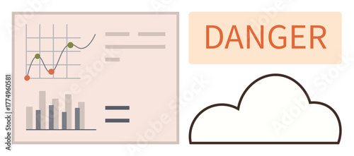 Graph, bar chart, and cloud with danger alert. Ideal for data risk, cybersecurity, cloud computing, monitoring, analytics predictions warnings. Clear simple flat metaphor