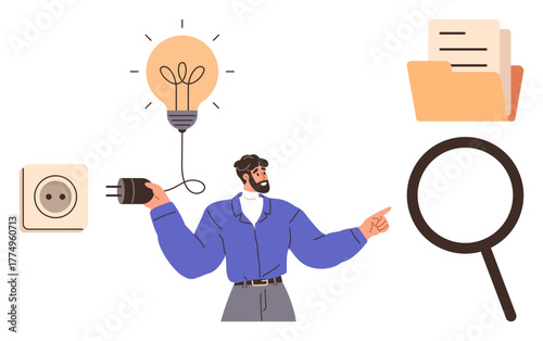 Man holding a plug connecting it to a lightbulb symbolizing ideas and innovation, accompanied by a document folder and magnifying glass for research and discovery. Ideal for innovation