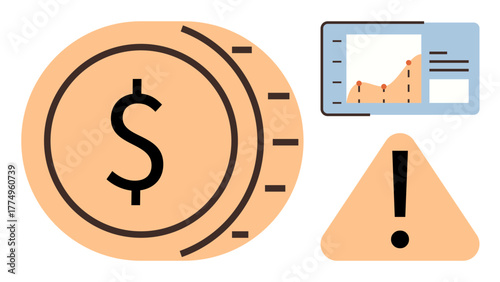 Dollar coin, upward trend graph on monitor, and warning sign highlight financial risks and opportunities. Ideal for business, finance, investment, economics, risk management, trend analysis simple