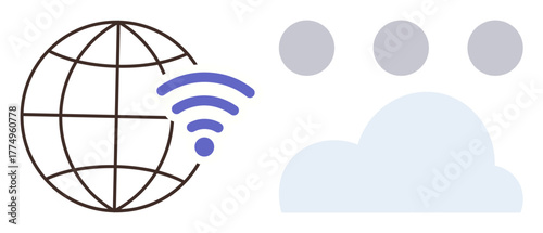 Globe with wireless signal and cloud icons represents global networking, data sharing, cloud storage, internet services, and online communication. Ideal for technology, IT, innovation, connectivity