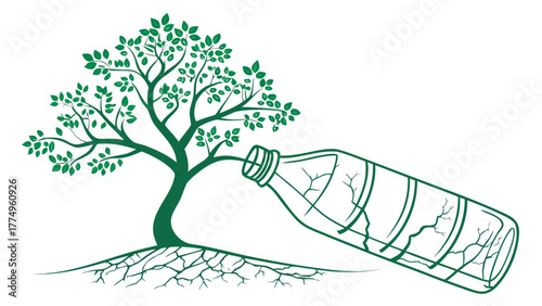 Tree Roots Entangled with Plastic Bottle Pollution with vector illustration