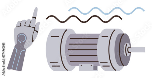Robotic hand pointing near an electric motor, with wave lines indicating signals and energy flow. Ideal for robotics, automation, technology, engineering, energy, innovation control systems. Simple